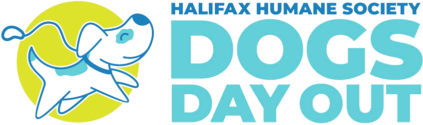 Halifax Human Society Dogs Day Out Logo. It has a cartoon blue and white dog running with a leash, and a yellow oval behind it.