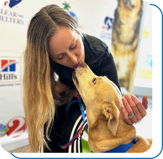 Lady giving a kiss to a newly adopted dog